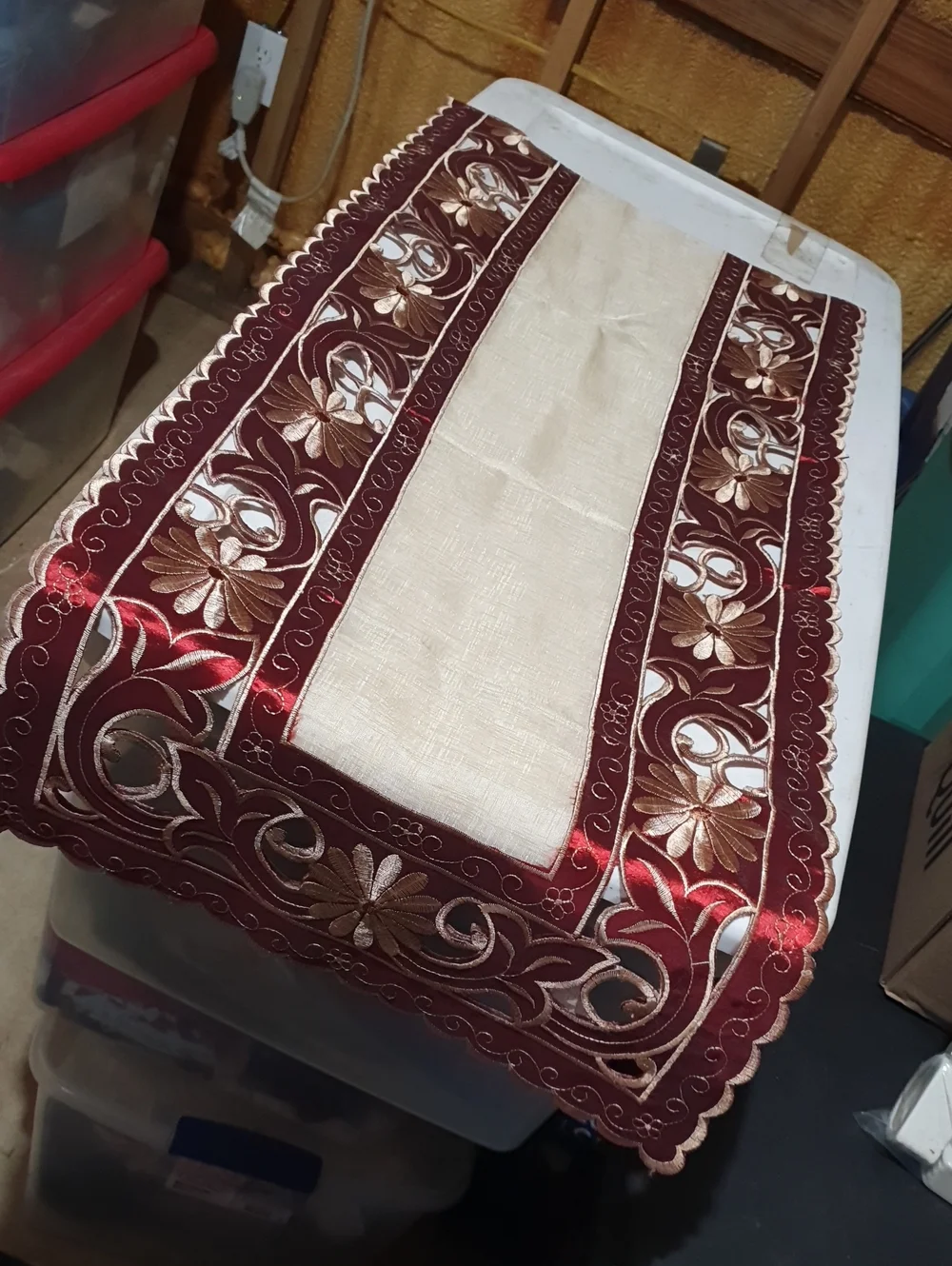 Embroidered Table Runner - Burgundy and Cream